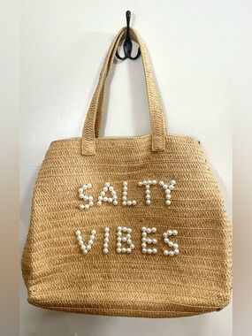 Urban Expressions "Salty Vibes" Large Tote Bag Woven Straw and Pearl Lettering